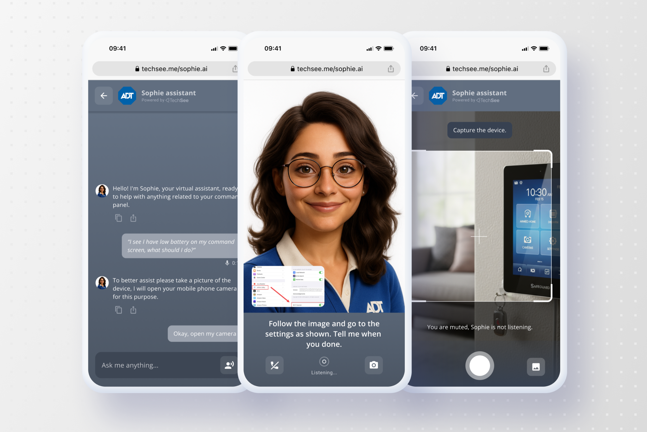 Sophie AI assistant across three mobile screens: chat, live video guidance, and camera capture
